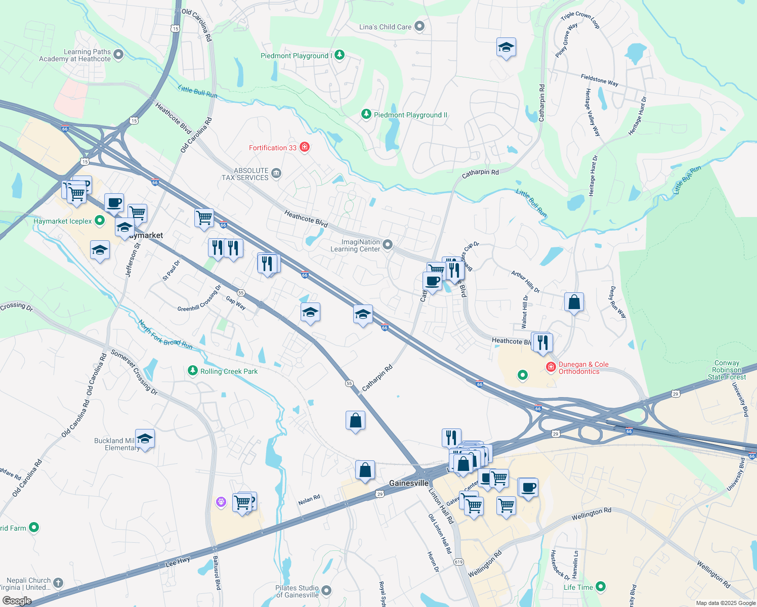 map of restaurants, bars, coffee shops, grocery stores, and more near 6908 Village Stream Place in Gainesville