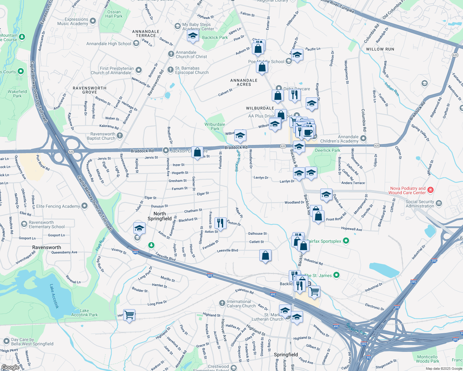 map of restaurants, bars, coffee shops, grocery stores, and more near 5228 Easton Drive in Springfield