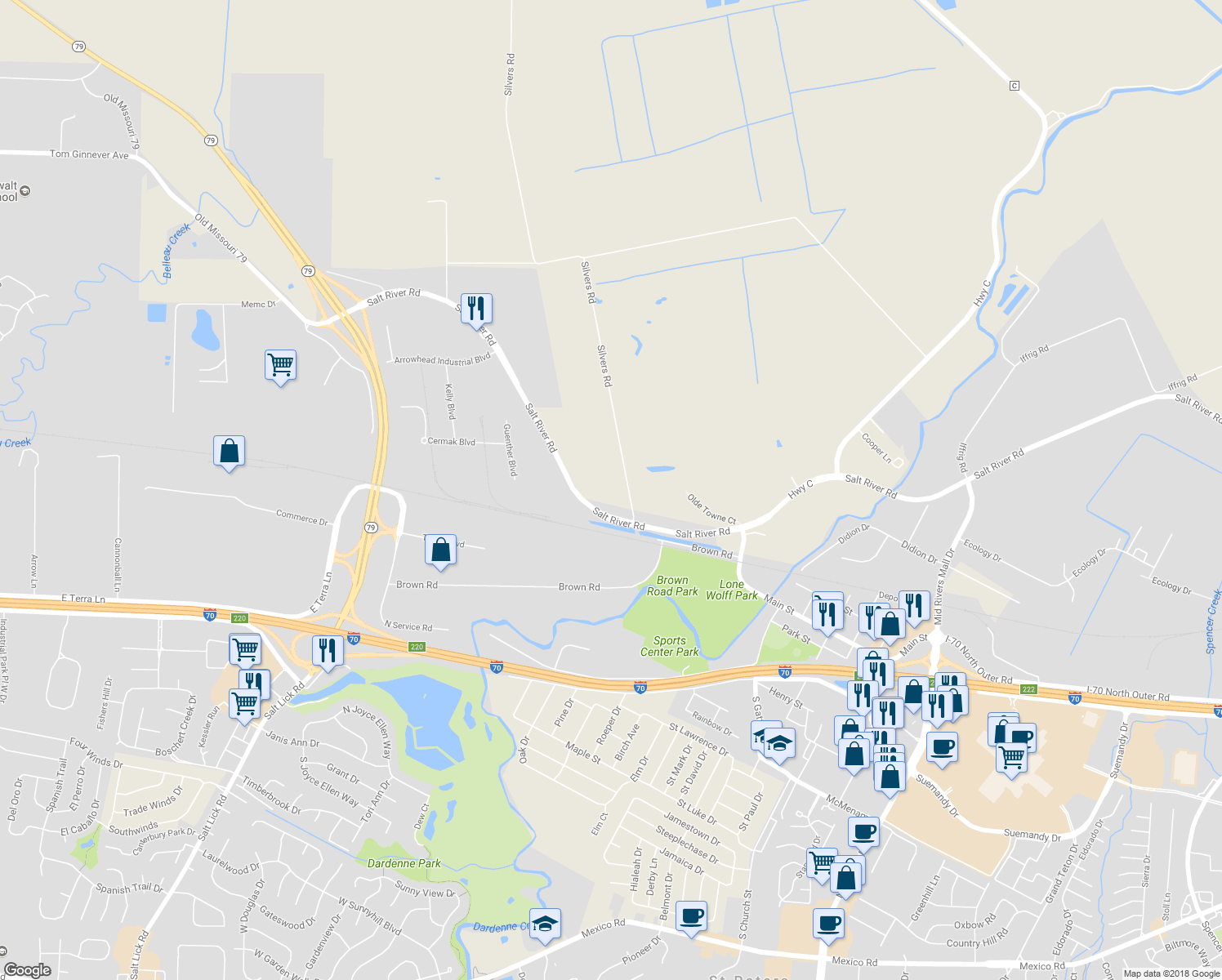 map of restaurants, bars, coffee shops, grocery stores, and more near 1451 Silvers Road in St. Peters