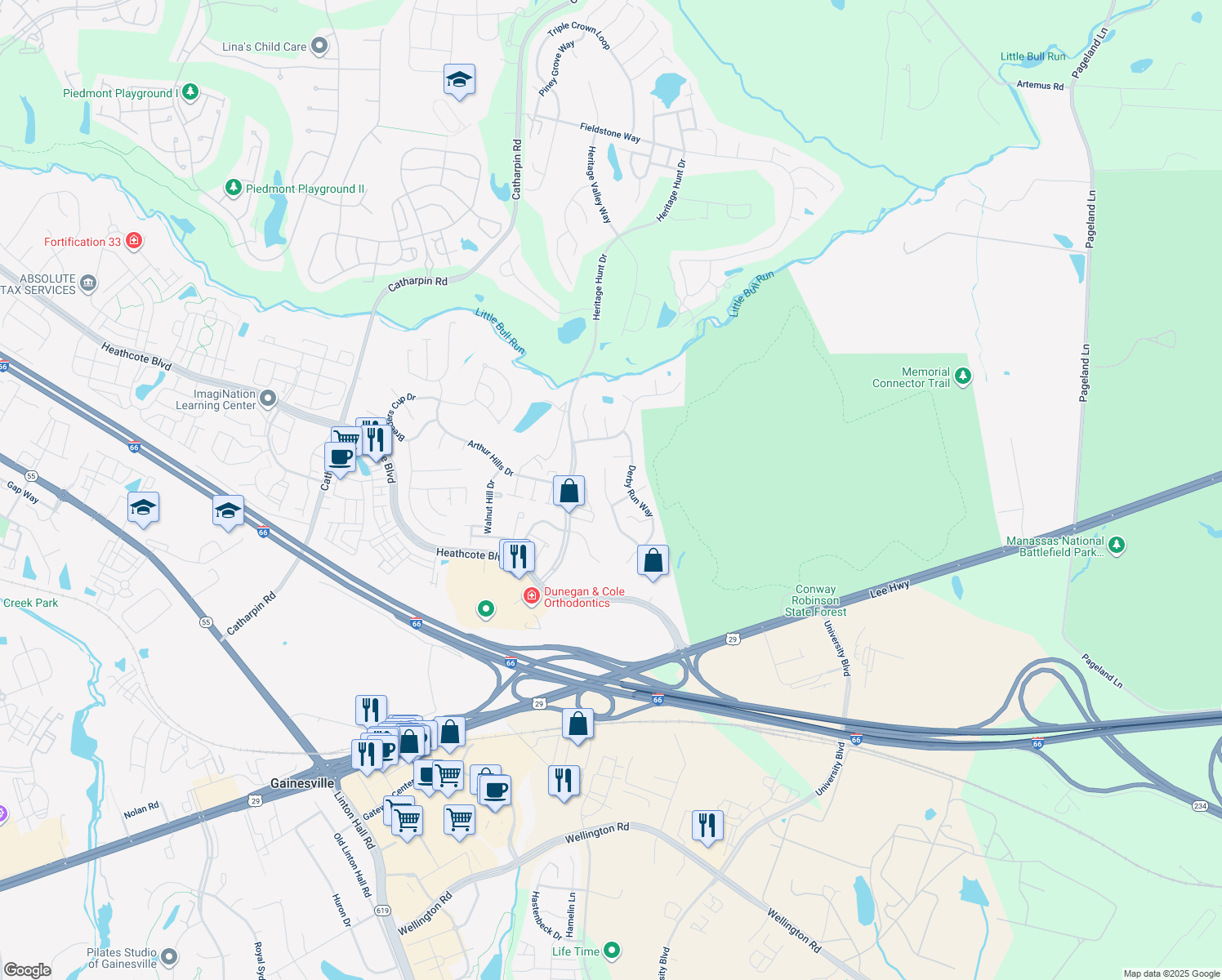 map of restaurants, bars, coffee shops, grocery stores, and more near 6845 Saddle Run Way in Gainesville