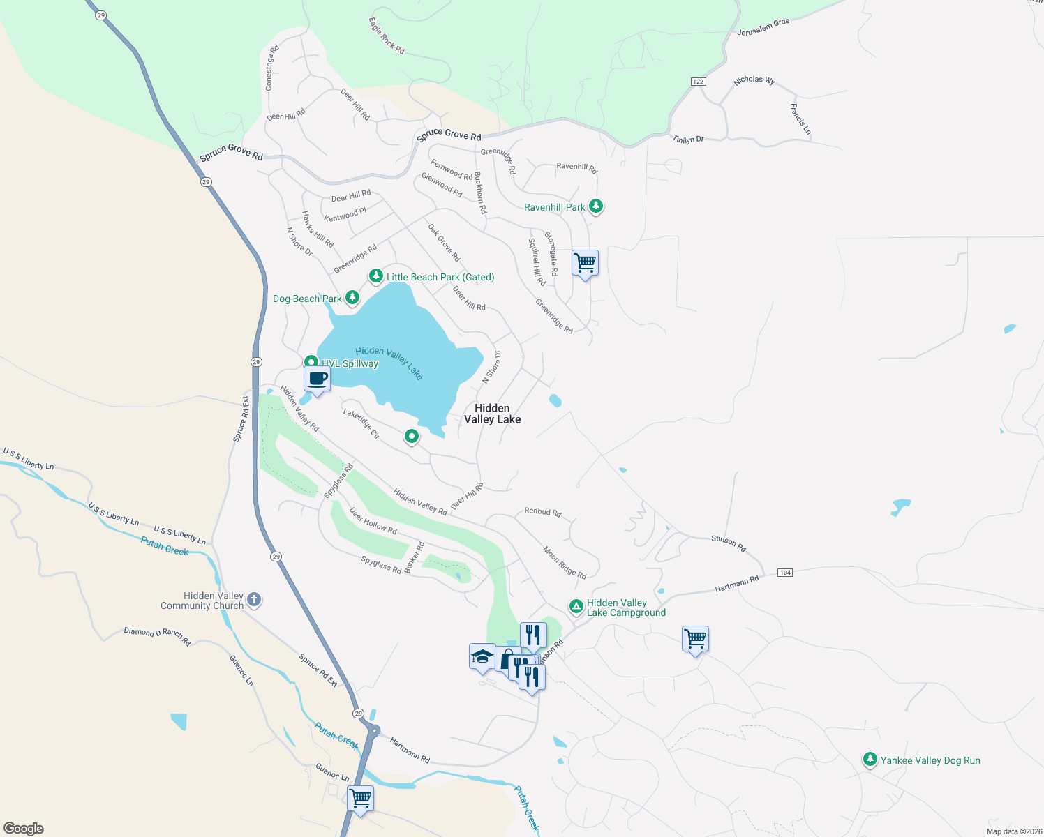 map of restaurants, bars, coffee shops, grocery stores, and more near 17384 Meadow View Drive in Hidden Valley Lake