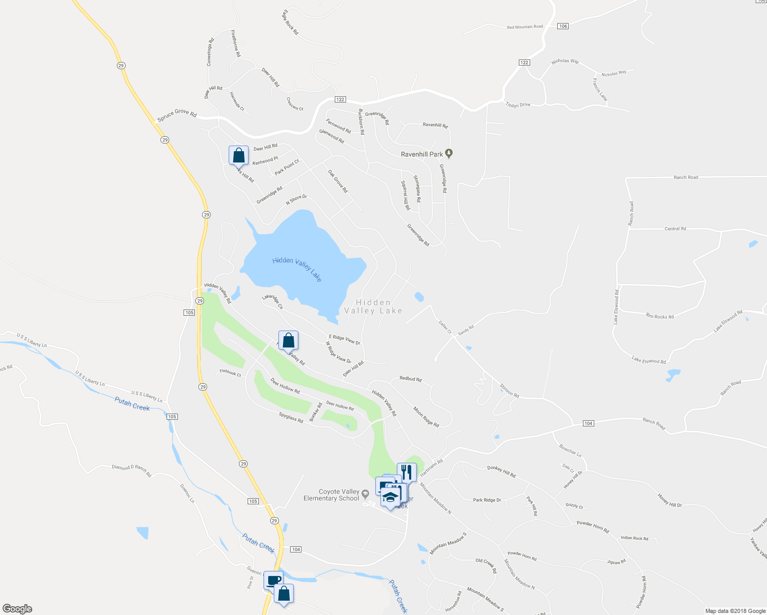 map of restaurants, bars, coffee shops, grocery stores, and more near 17439 Meadow View Drive in Hidden Valley Lake