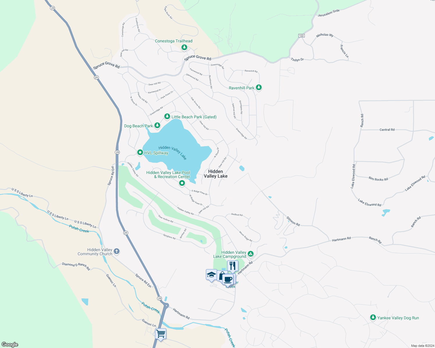 map of restaurants, bars, coffee shops, grocery stores, and more near 19220 Deer Hill Road in Hidden Valley Lake