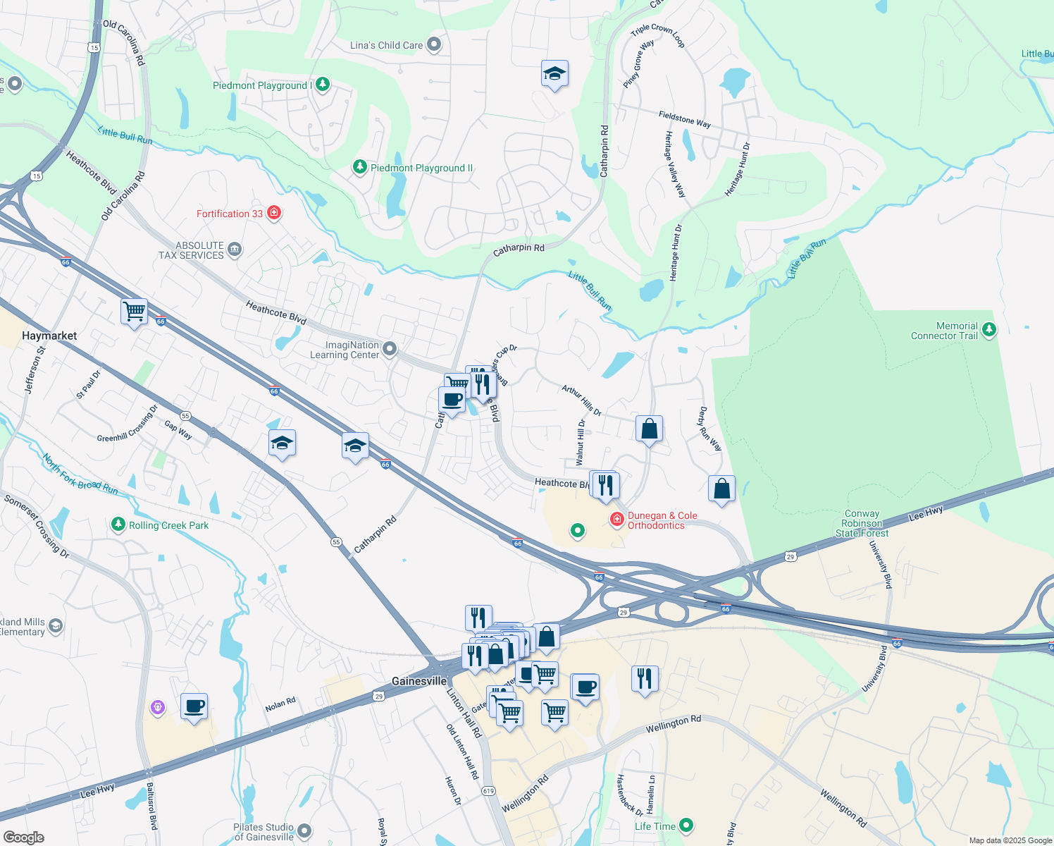map of restaurants, bars, coffee shops, grocery stores, and more near 13964 Real Quite Court in Gainesville