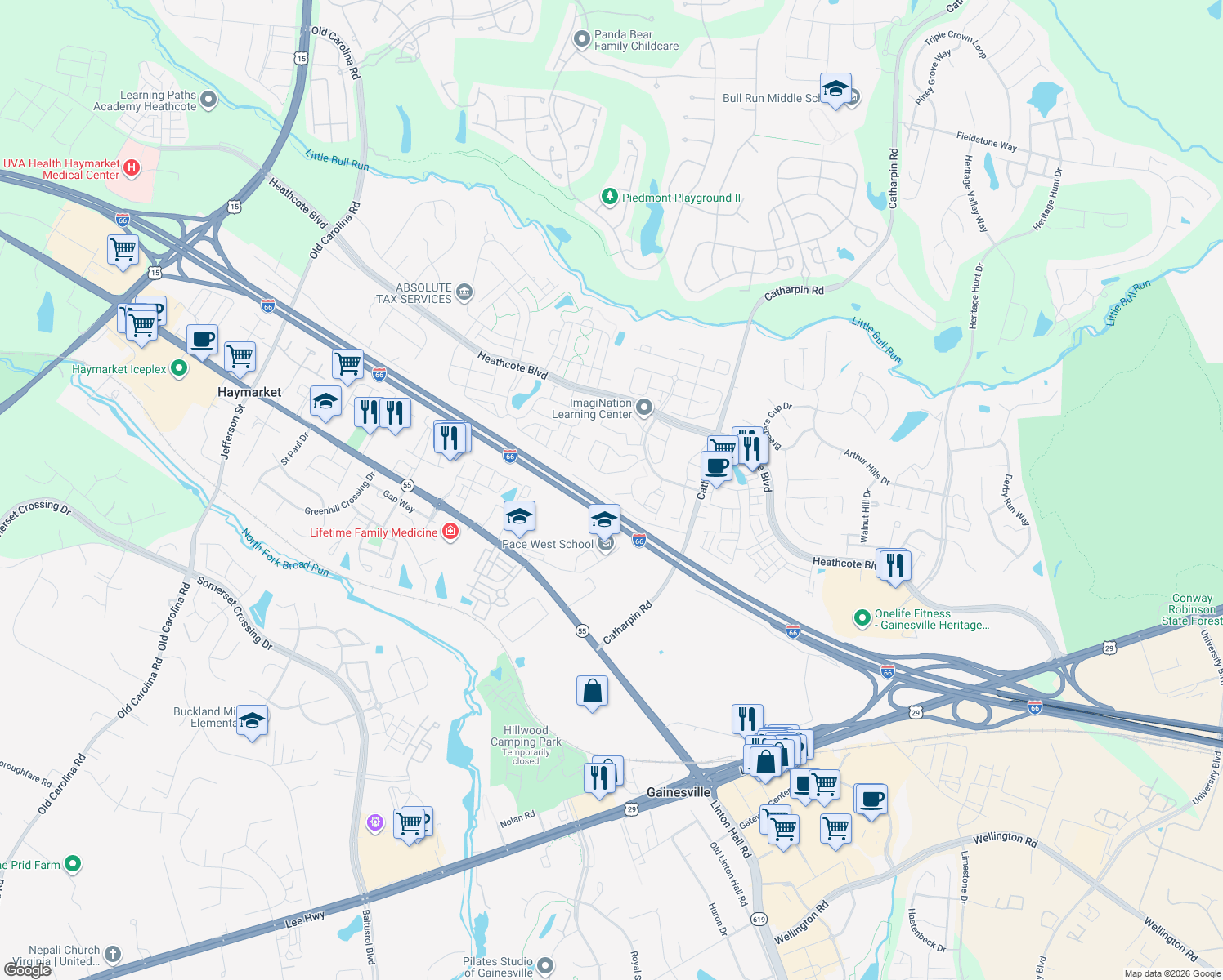 map of restaurants, bars, coffee shops, grocery stores, and more near 14324 Springfield Court in Gainesville