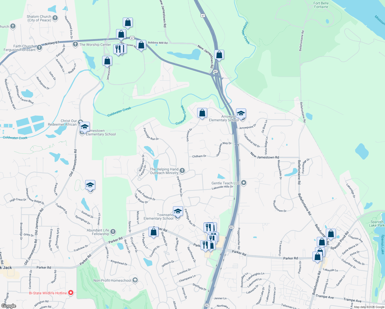 map of restaurants, bars, coffee shops, grocery stores, and more near 6753 Chilham Drive in Florissant
