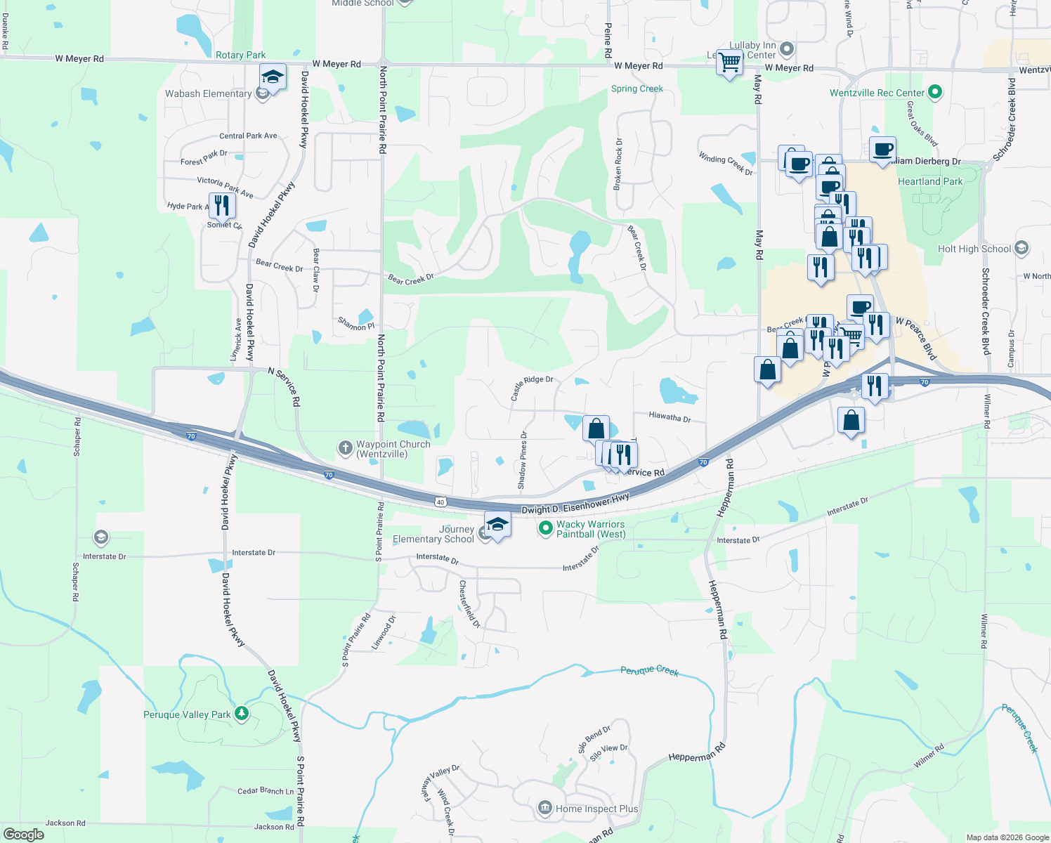 map of restaurants, bars, coffee shops, grocery stores, and more near 411 Shadow Pines Dr in Wentzville
