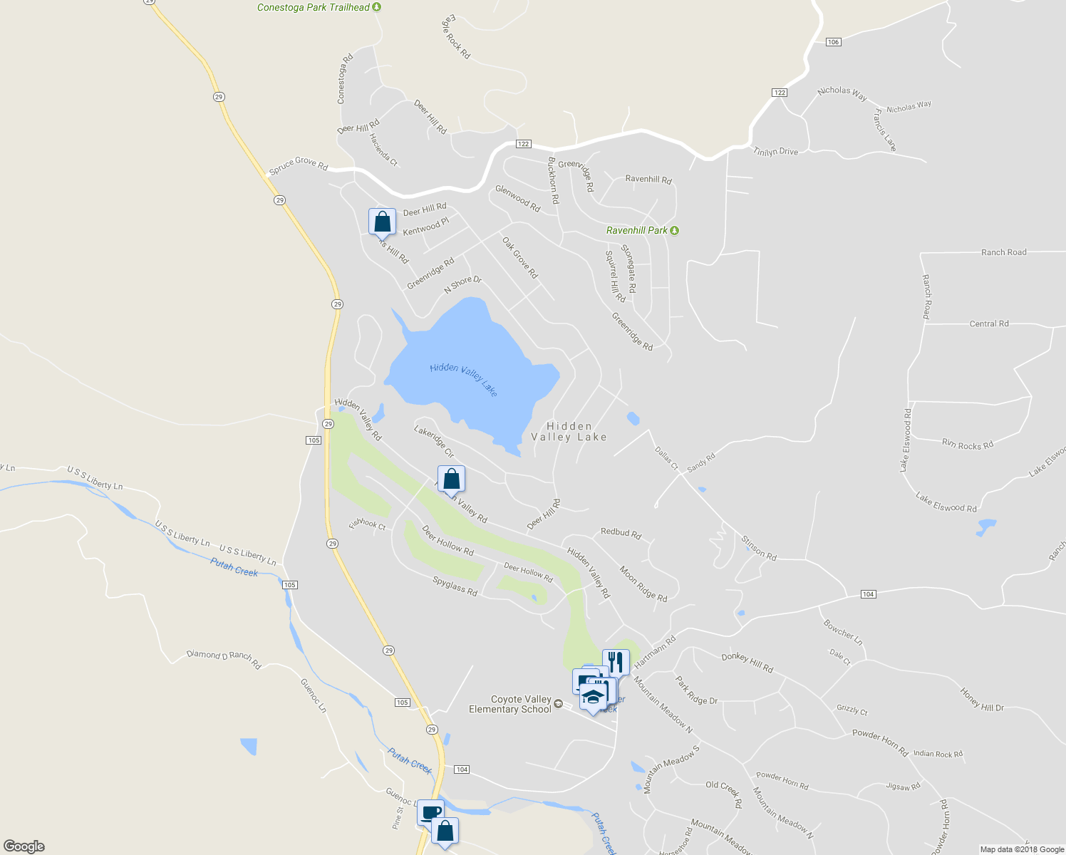 map of restaurants, bars, coffee shops, grocery stores, and more near 19227 North Shore Court in Hidden Valley Lake