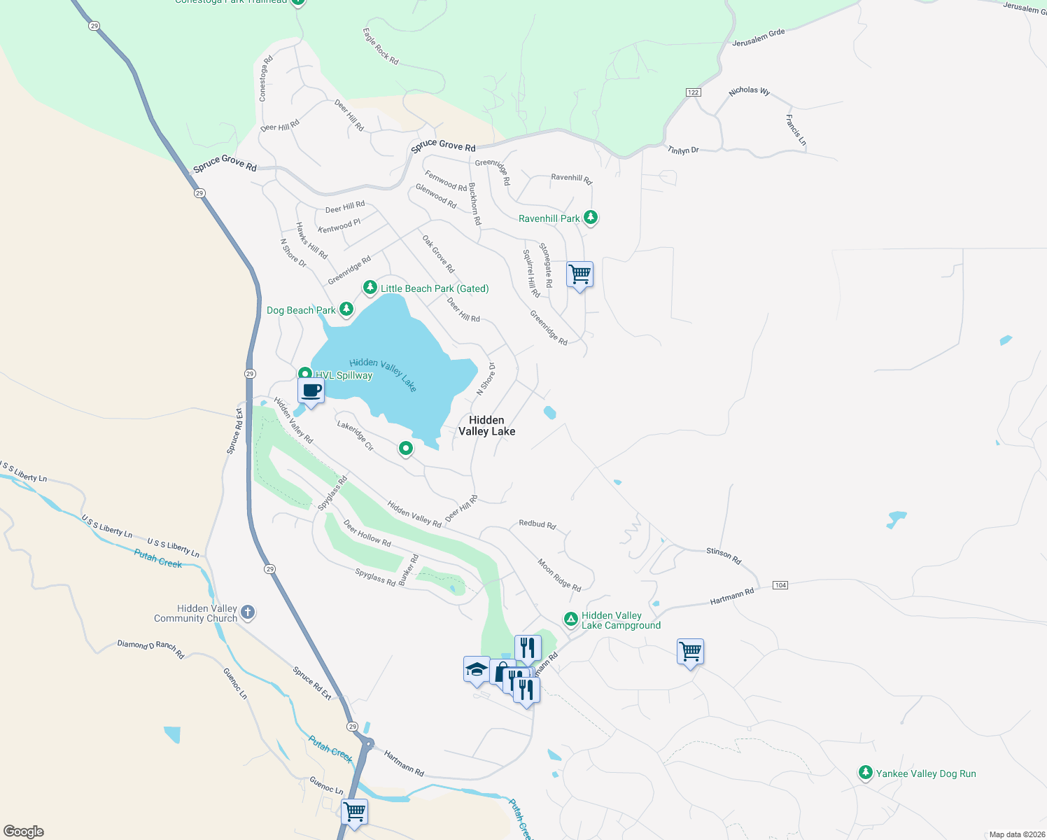 map of restaurants, bars, coffee shops, grocery stores, and more near 17384 Meadow View Drive in Hidden Valley Lake