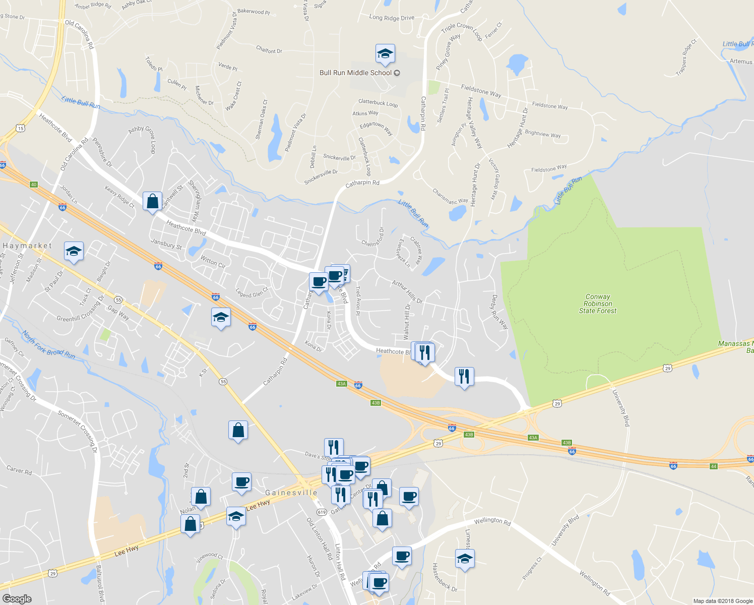 map of restaurants, bars, coffee shops, grocery stores, and more near 14027 Plantation Mill Court in Gainesville