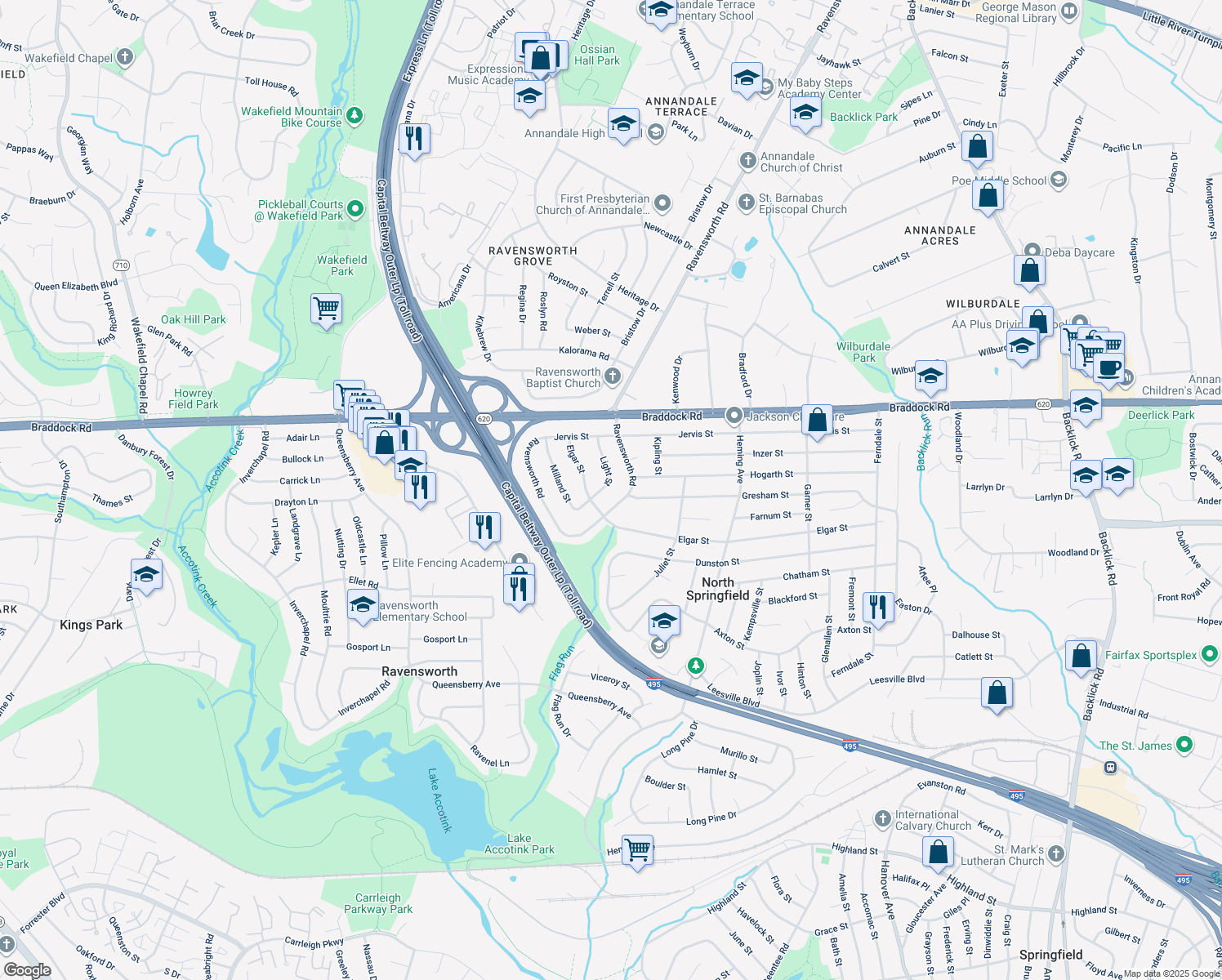 map of restaurants, bars, coffee shops, grocery stores, and more near 5218 Light Street in Springfield