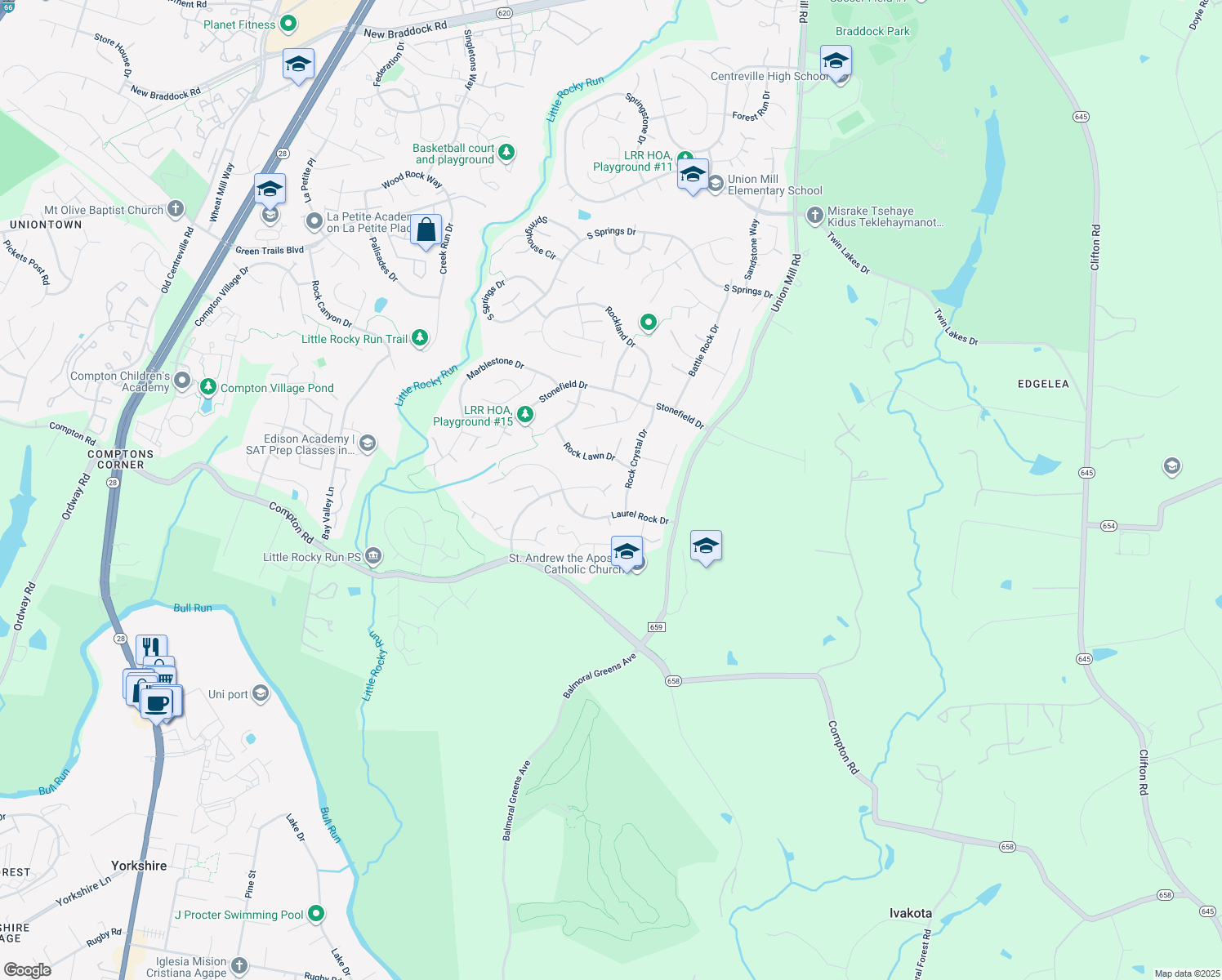 map of restaurants, bars, coffee shops, grocery stores, and more near 6704 Rock Fall Court in Clifton