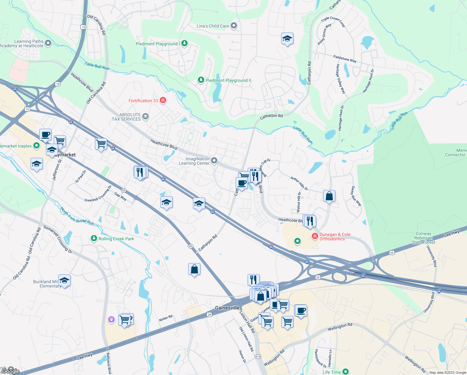 map of restaurants, bars, coffee shops, grocery stores, and more near 14106 Ashler Lane in Gainesville