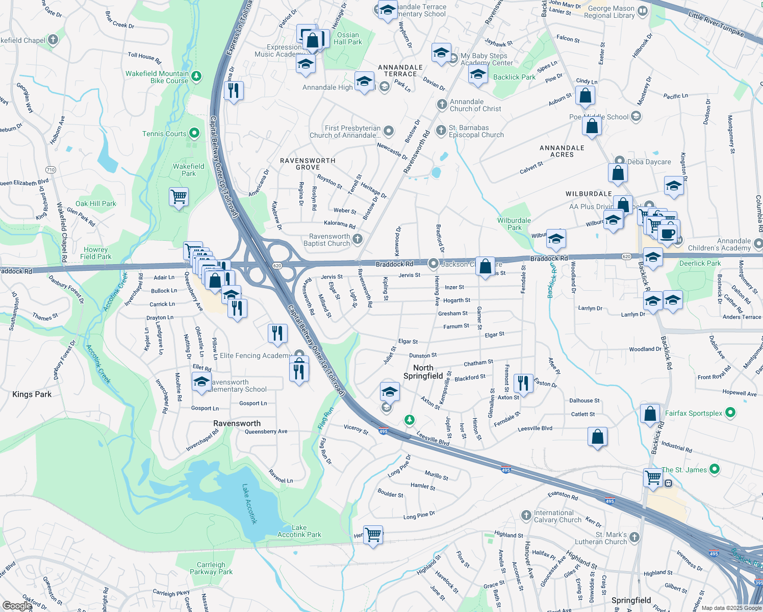 map of restaurants, bars, coffee shops, grocery stores, and more near 7611 Hogarth Street in Springfield