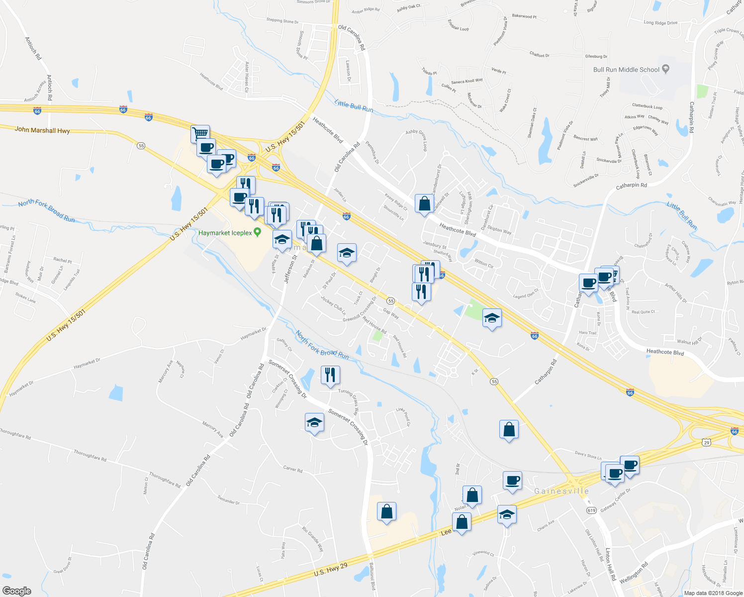 map of restaurants, bars, coffee shops, grocery stores, and more near 14800 Gap Way in Haymarket