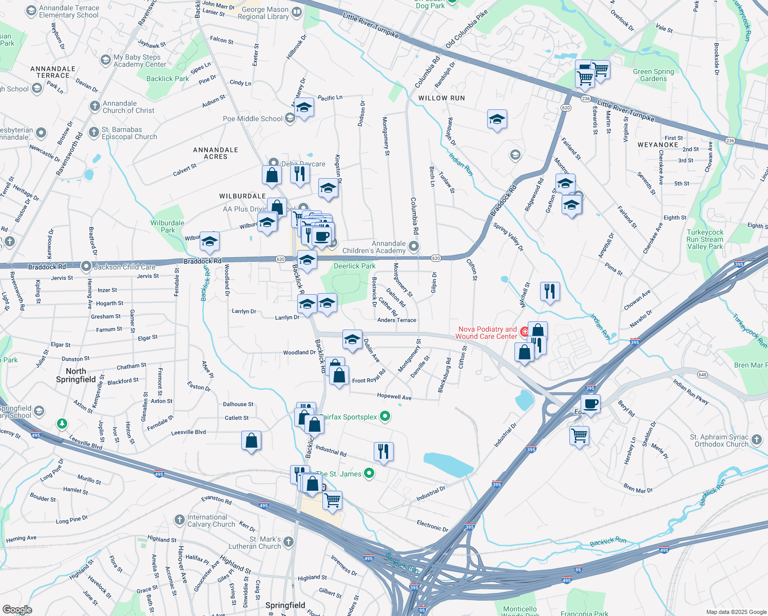 map of restaurants, bars, coffee shops, grocery stores, and more near 5216 Cather Road in Springfield