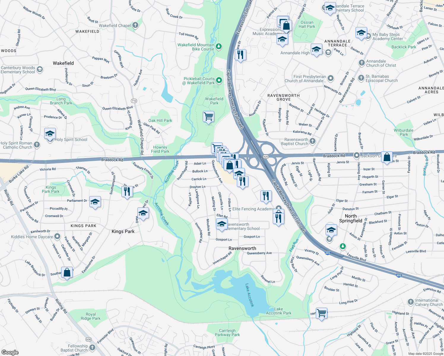 map of restaurants, bars, coffee shops, grocery stores, and more near 5219 Queensberry Avenue in Springfield