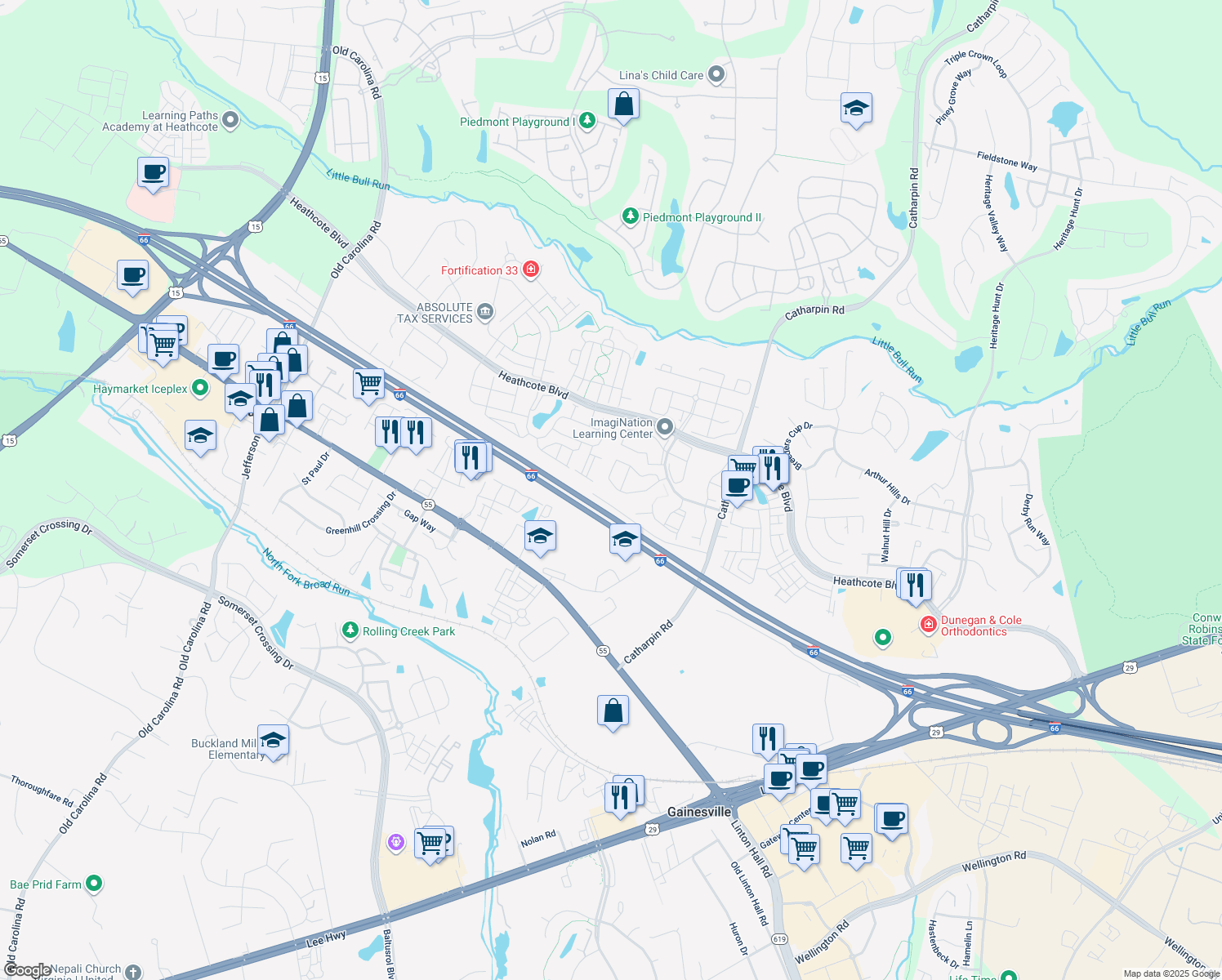 map of restaurants, bars, coffee shops, grocery stores, and more near 14259 Legend Glen Court in Gainesville