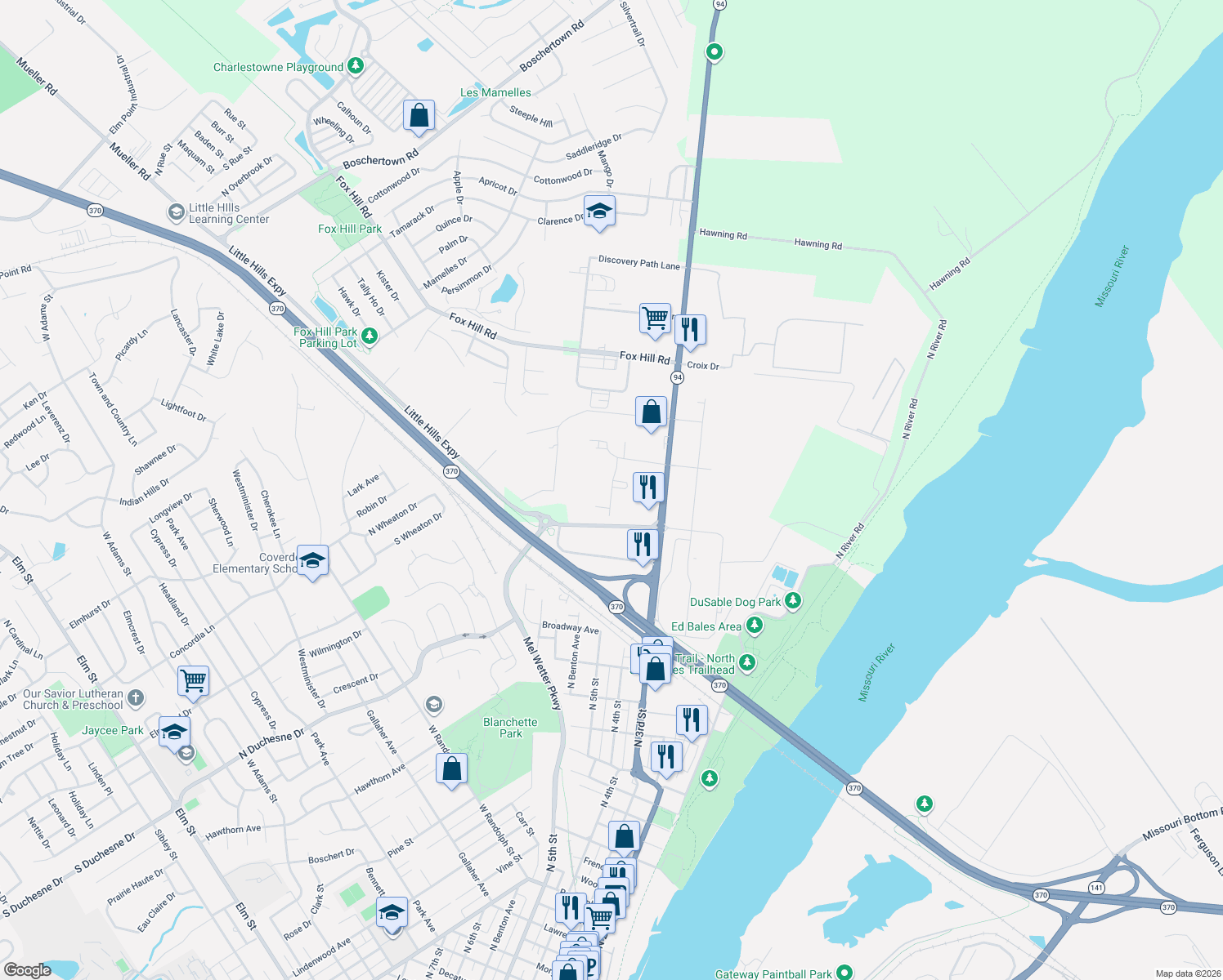 map of restaurants, bars, coffee shops, grocery stores, and more near in St. Charles