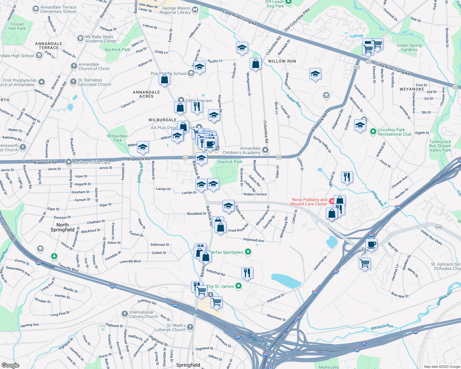 map of restaurants, bars, coffee shops, grocery stores, and more near 6742 Anders Terrace in Springfield