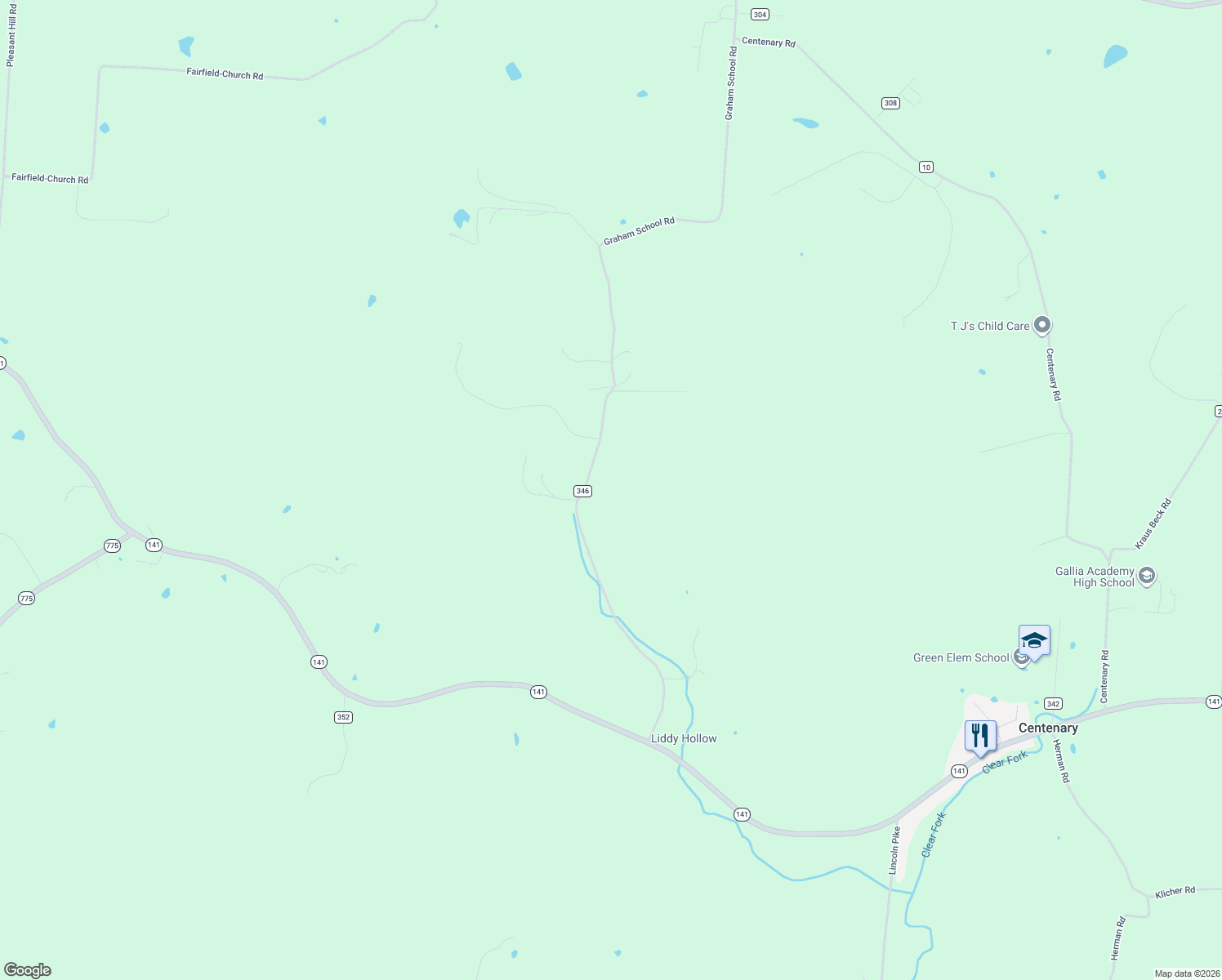 map of restaurants, bars, coffee shops, grocery stores, and more near 1499 Graham School Road in Gallipolis