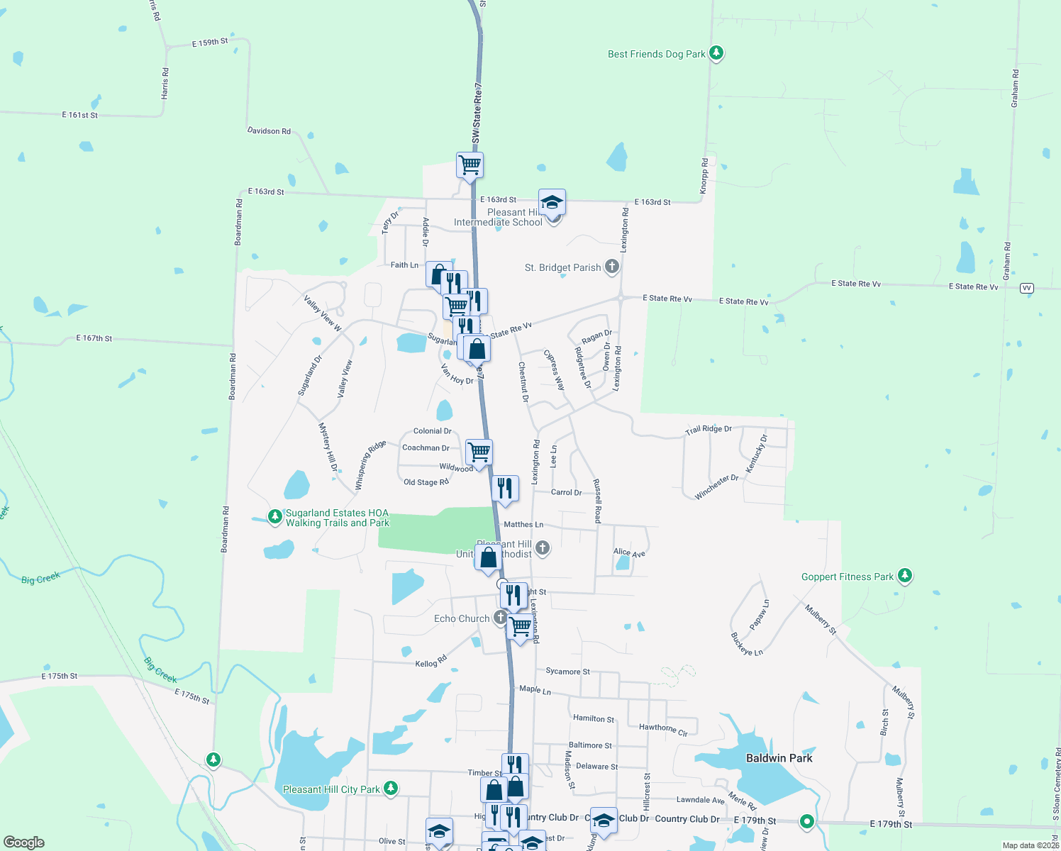 map of restaurants, bars, coffee shops, grocery stores, and more near 1803 Chestnut Dr in Pleasant Hill