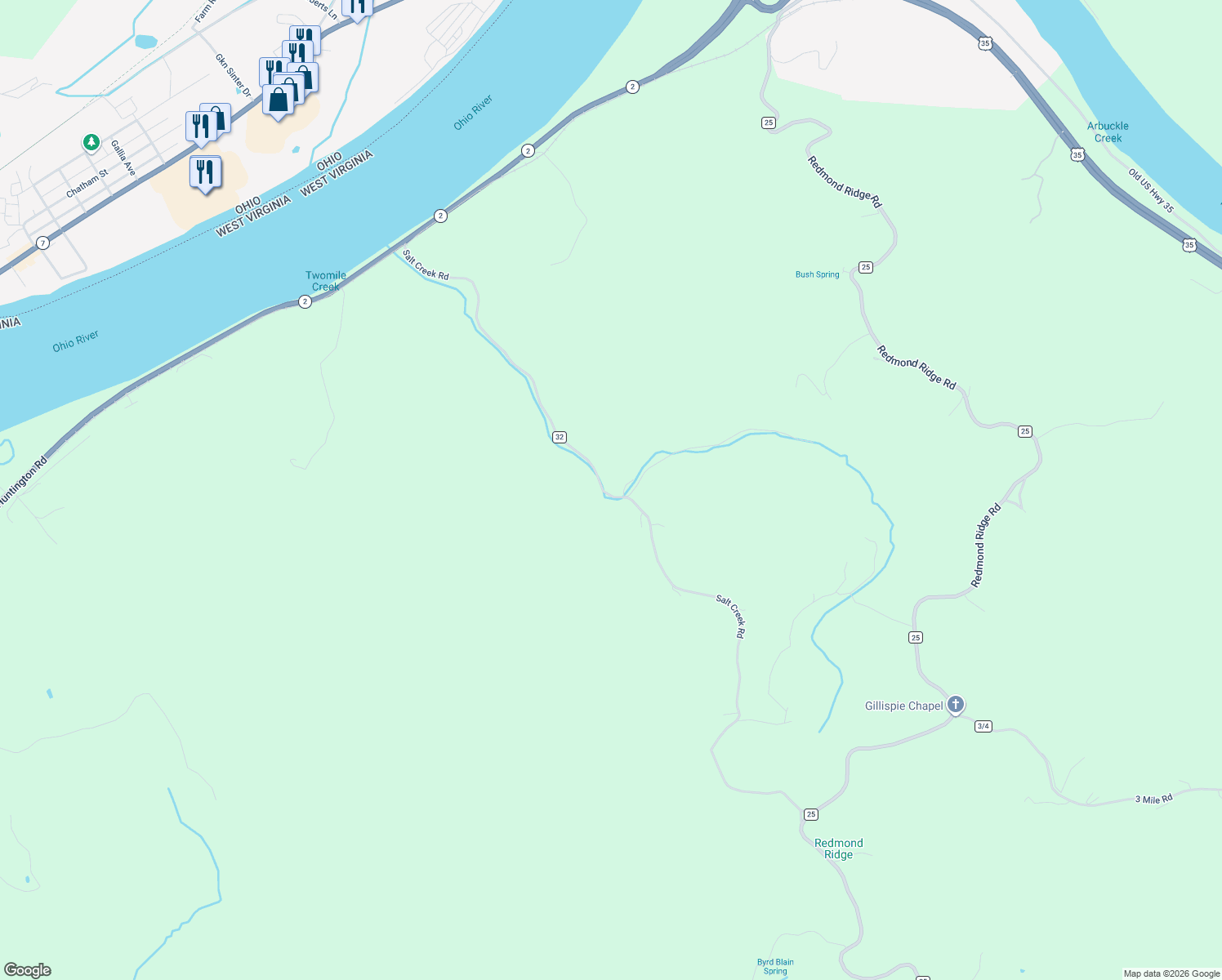 map of restaurants, bars, coffee shops, grocery stores, and more near 2045 Salt Creek Rd in Mason