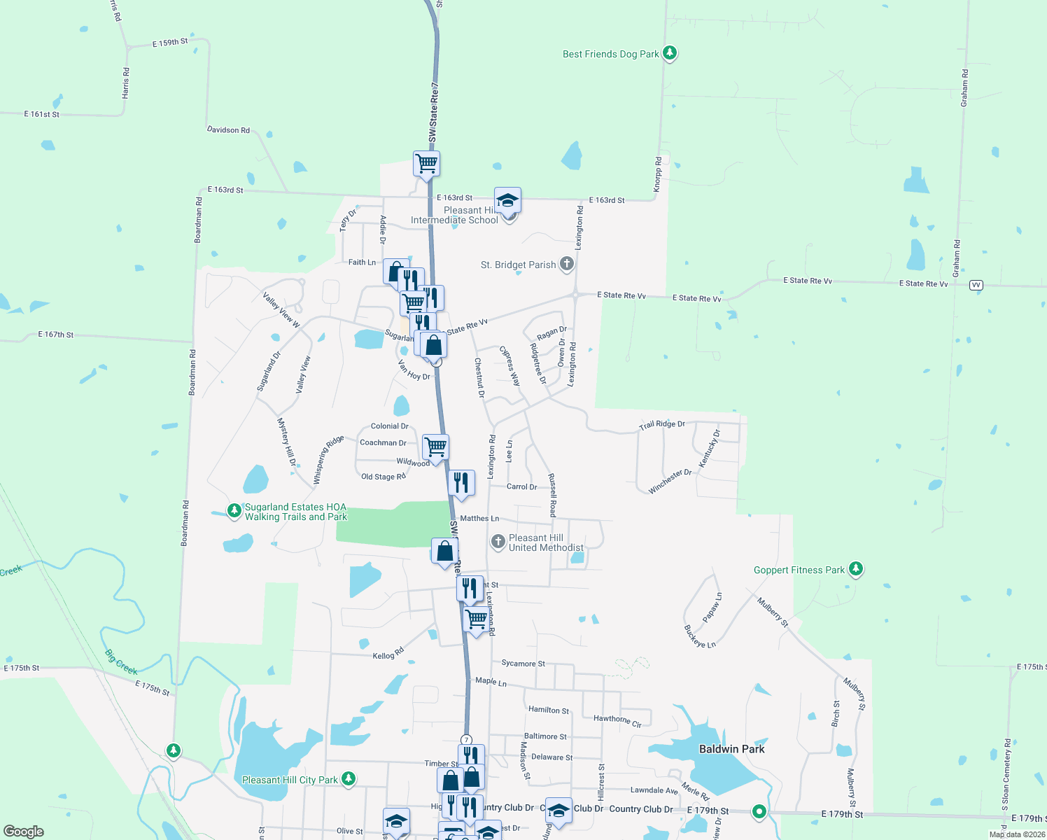 map of restaurants, bars, coffee shops, grocery stores, and more near 1713 Russell Road in Pleasant Hill