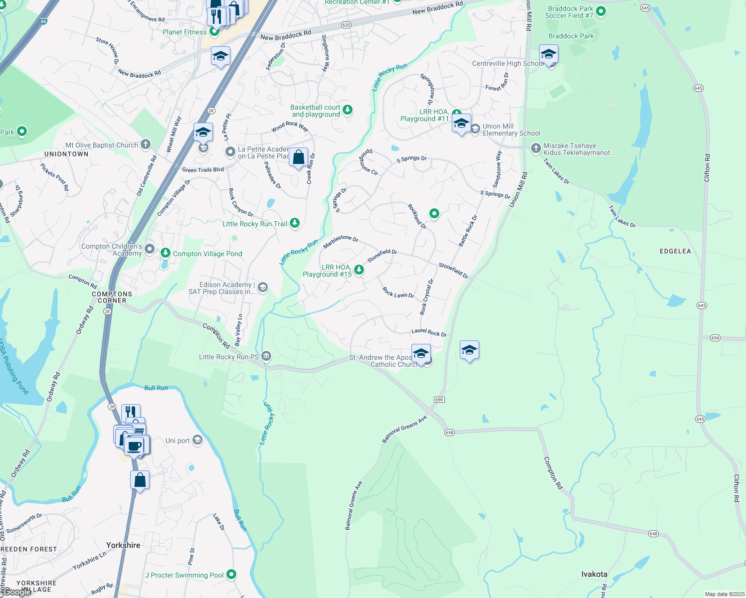 map of restaurants, bars, coffee shops, grocery stores, and more near 13813 Laurel Rock Ct in Clifton