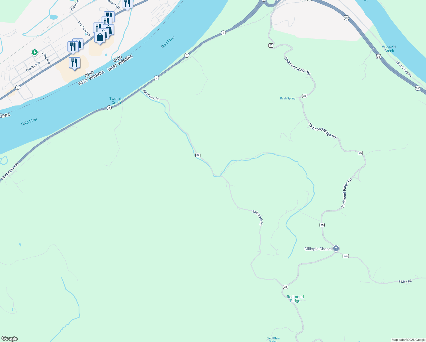 map of restaurants, bars, coffee shops, grocery stores, and more near 2045 Salt Creek Rd in Mason