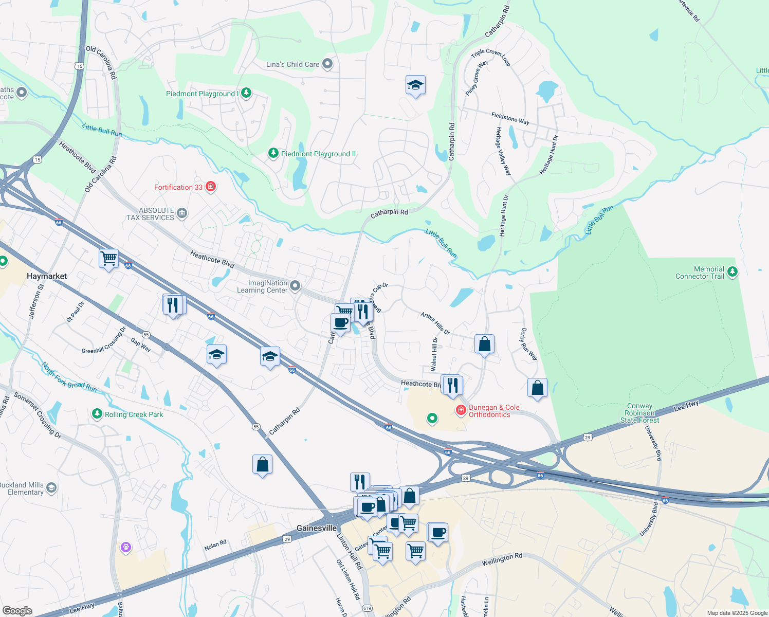 map of restaurants, bars, coffee shops, grocery stores, and more near 14047 Breeders Cup Dr in Gainesville