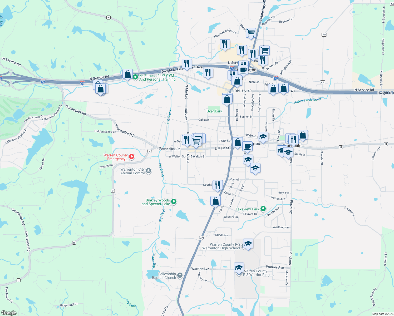 map of restaurants, bars, coffee shops, grocery stores, and more near 212 South East Street in Warrenton