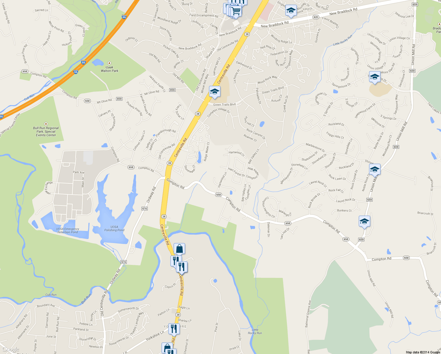 map of restaurants, bars, coffee shops, grocery stores, and more near 6812 Hartwood Lane in Centreville