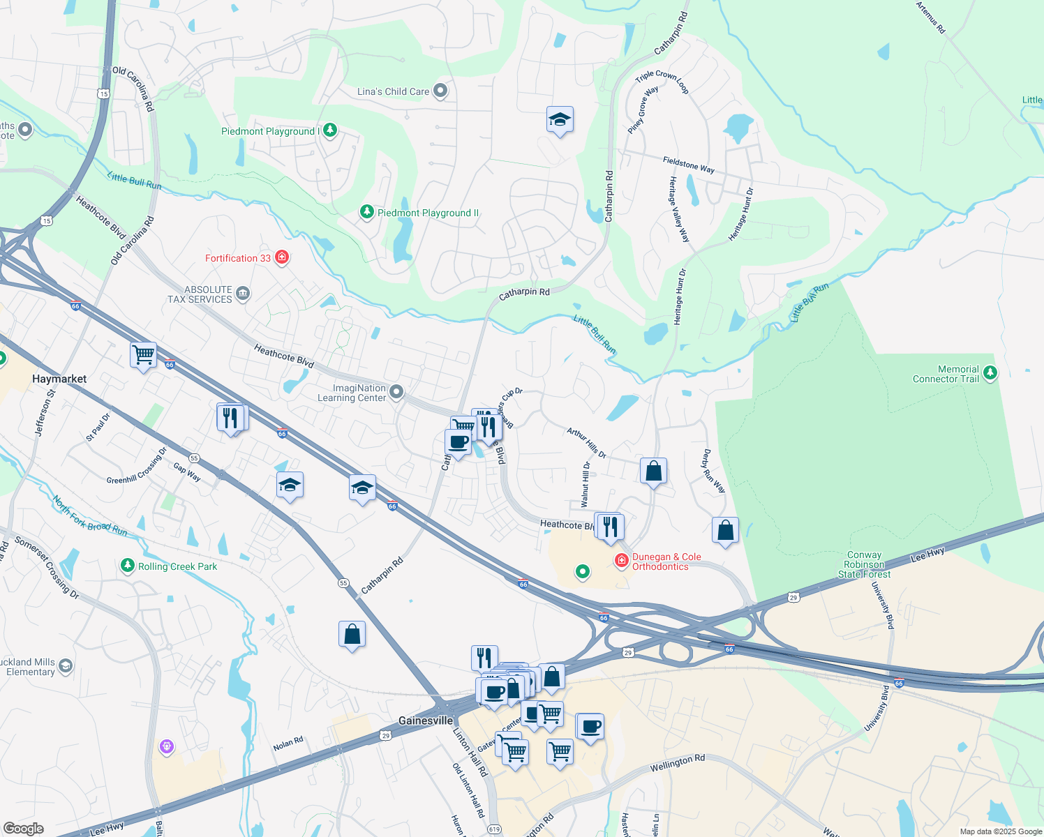 map of restaurants, bars, coffee shops, grocery stores, and more near 14061 Breeders Cup Drive in Gainesville