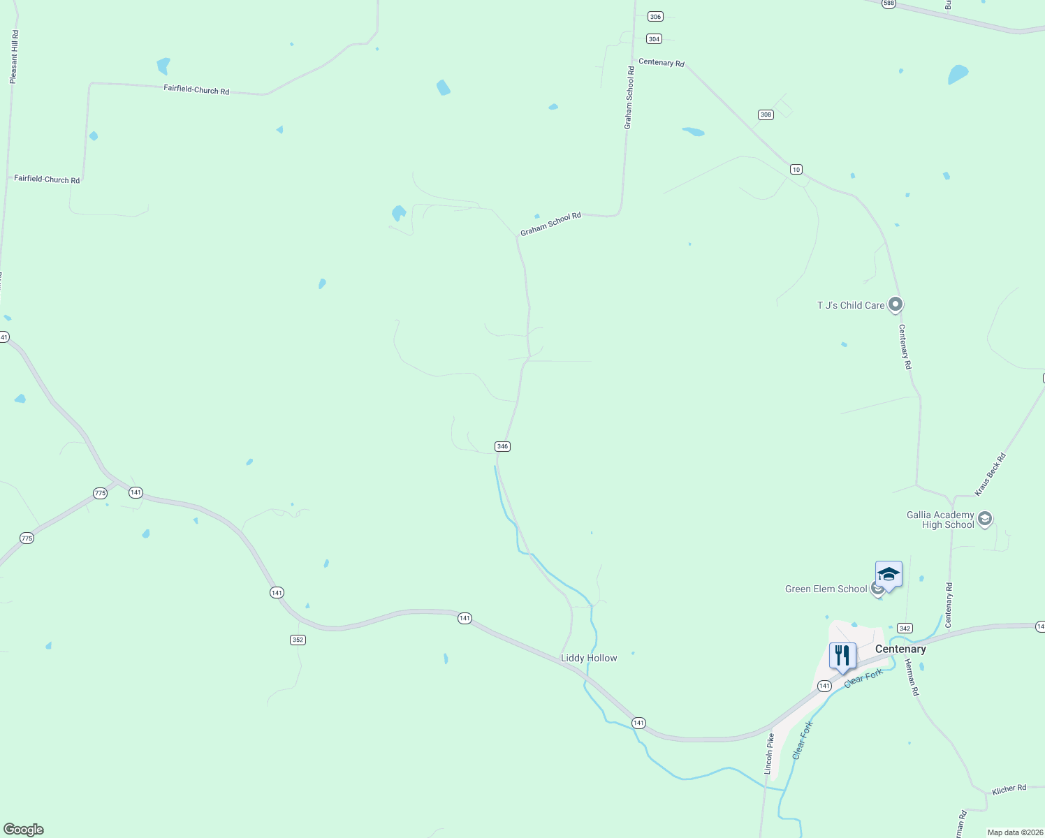 map of restaurants, bars, coffee shops, grocery stores, and more near 1499 Graham School Road in Gallipolis
