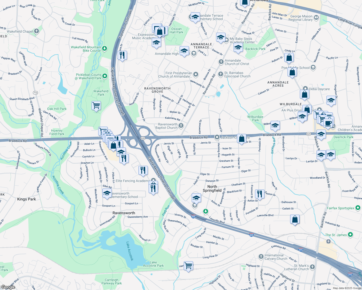 map of restaurants, bars, coffee shops, grocery stores, and more near 7701 Jervis Street in Springfield