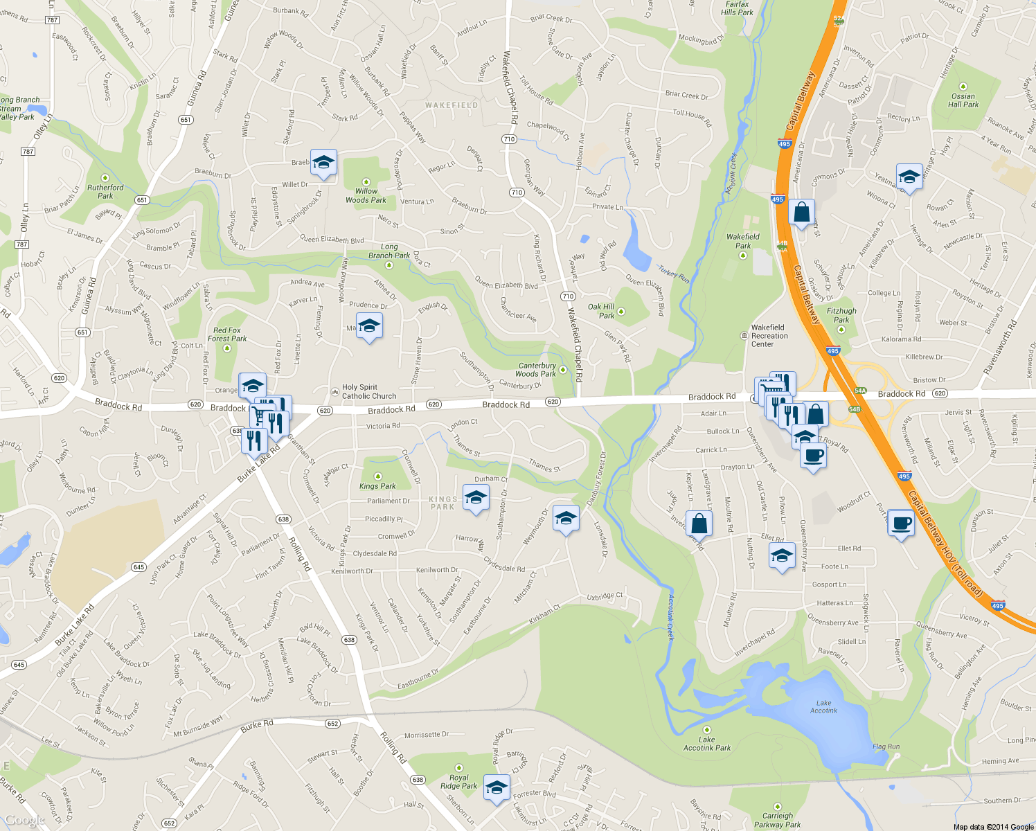 map of restaurants, bars, coffee shops, grocery stores, and more near 8407 Thames Street in Springfield
