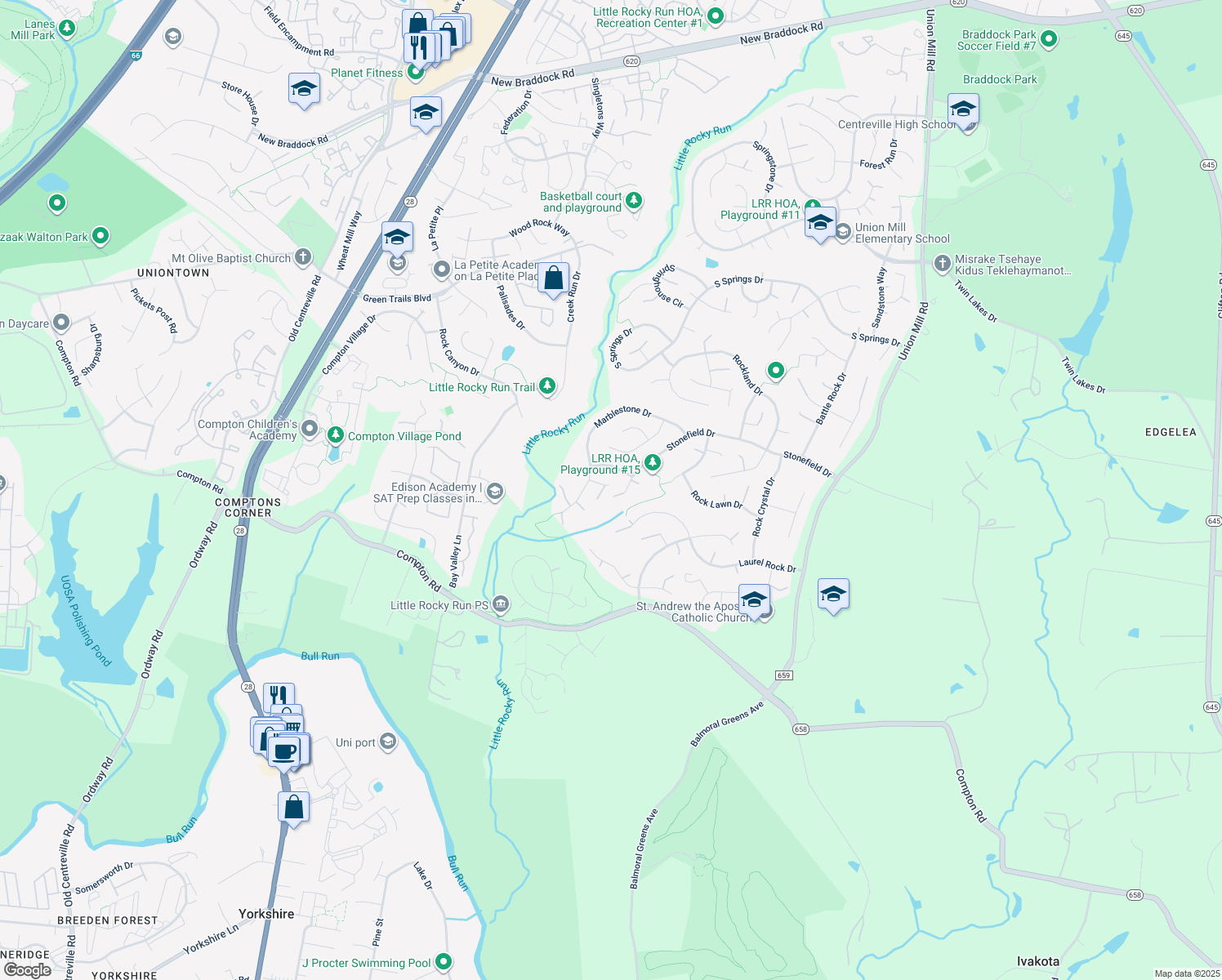 map of restaurants, bars, coffee shops, grocery stores, and more near 14001 Marblestone Court in Clifton