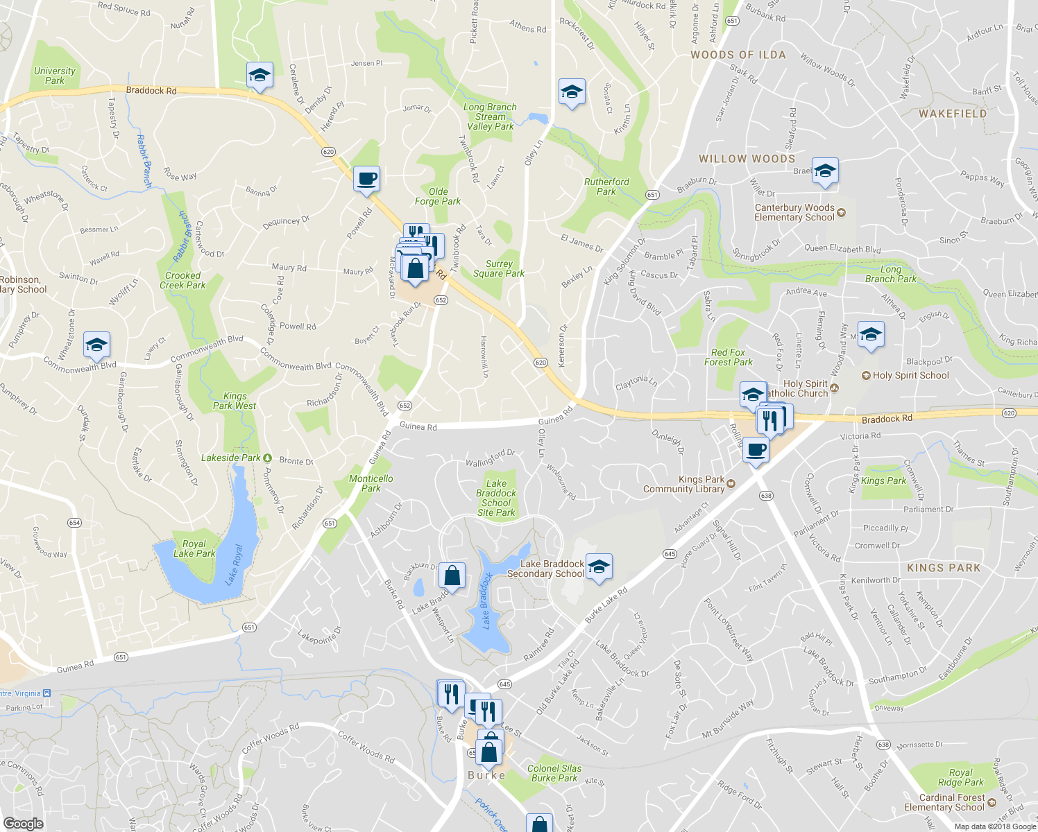 map of restaurants, bars, coffee shops, grocery stores, and more near 9403 Fairleigh Court in Burke