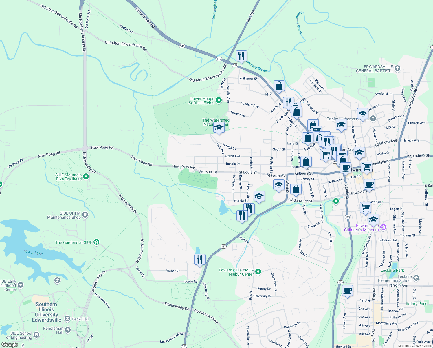 map of restaurants, bars, coffee shops, grocery stores, and more near 1300 Saint Louis Street in Edwardsville