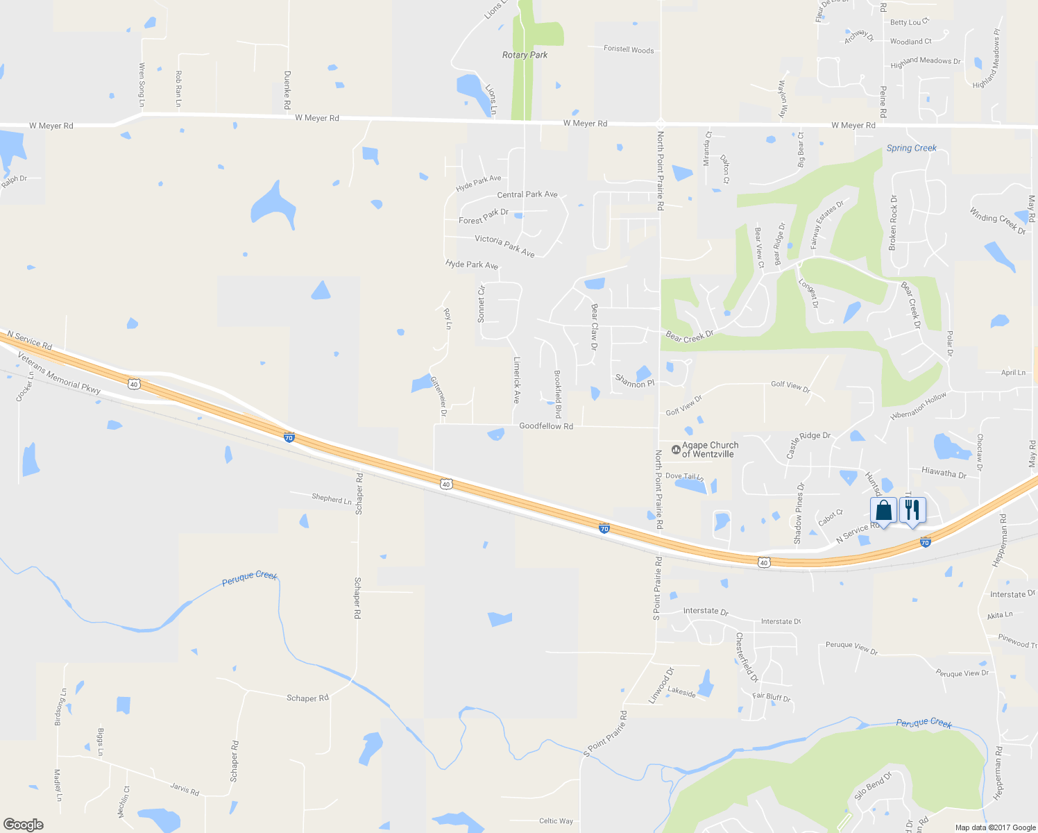 map of restaurants, bars, coffee shops, grocery stores, and more near 2537 Goodfellow Road in Wentzville