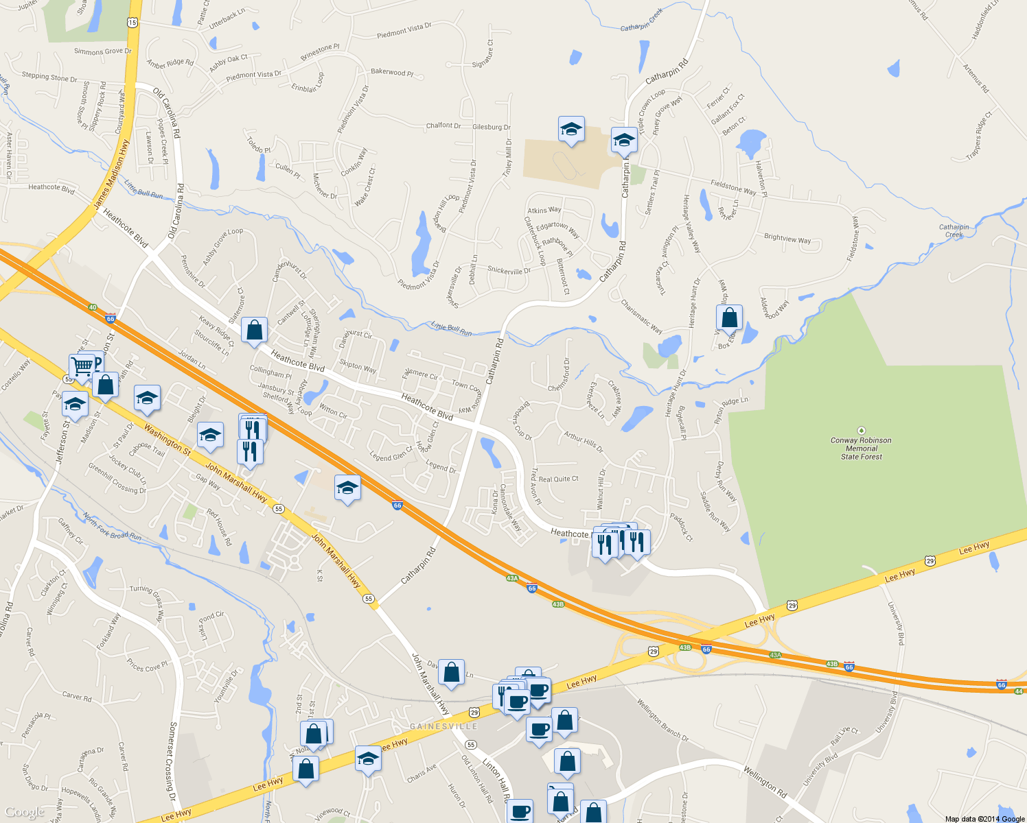 map of restaurants, bars, coffee shops, grocery stores, and more near 14008 Breeders Cup Drive in Gainesville