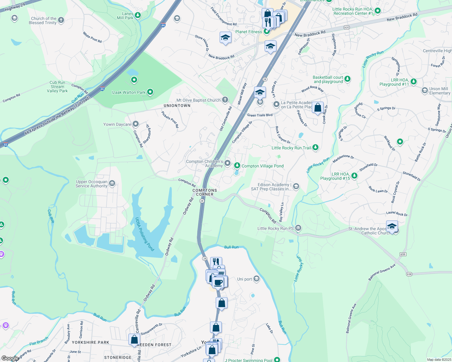 map of restaurants, bars, coffee shops, grocery stores, and more near 14309 Stonewater Court in Centreville