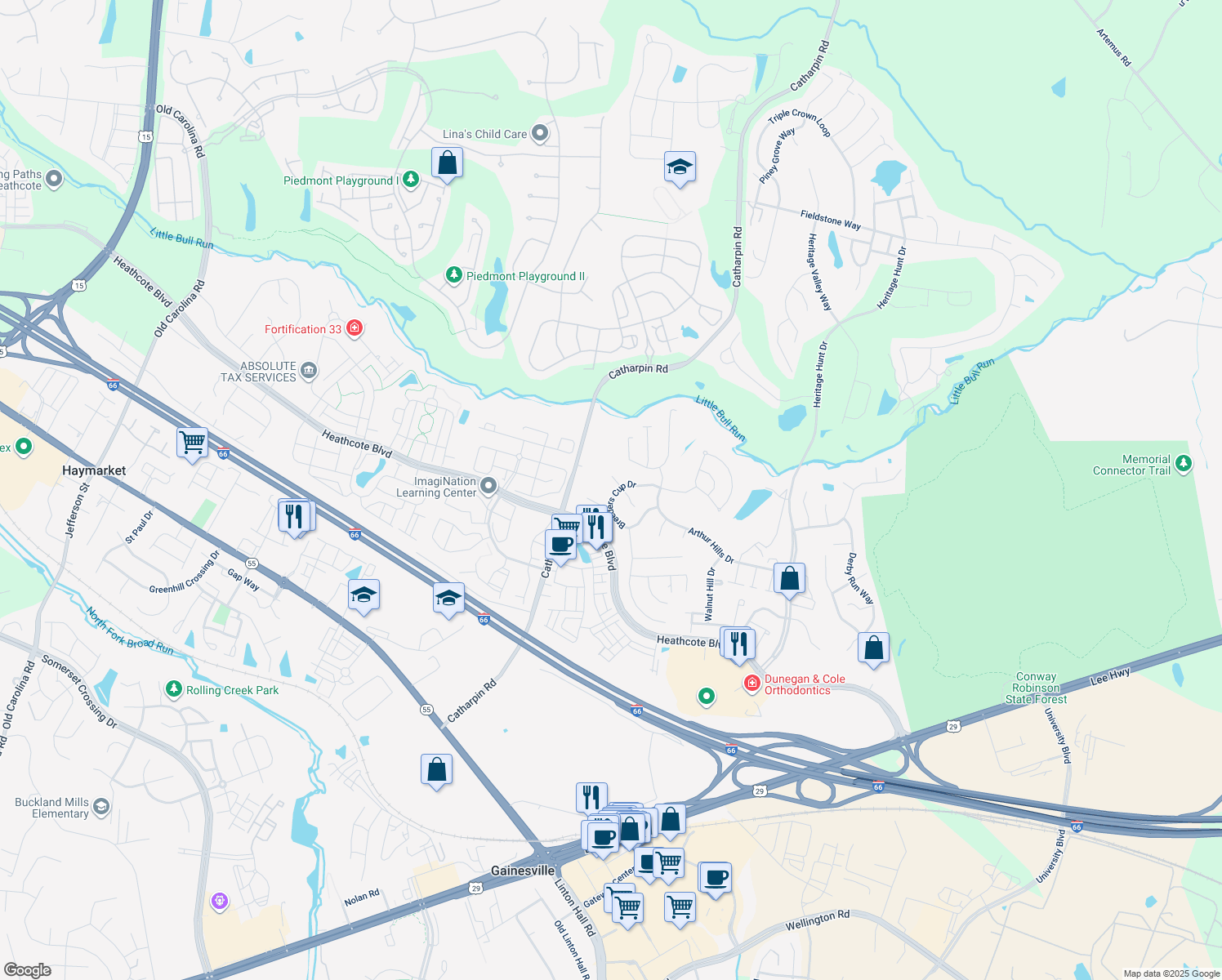 map of restaurants, bars, coffee shops, grocery stores, and more near 14000 Breeders Cup Drive in Gainesville