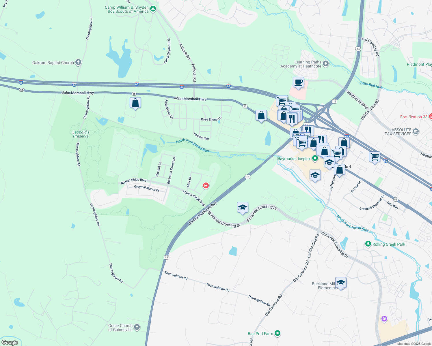 map of restaurants, bars, coffee shops, grocery stores, and more near 6717 Leopolds Trail in Haymarket