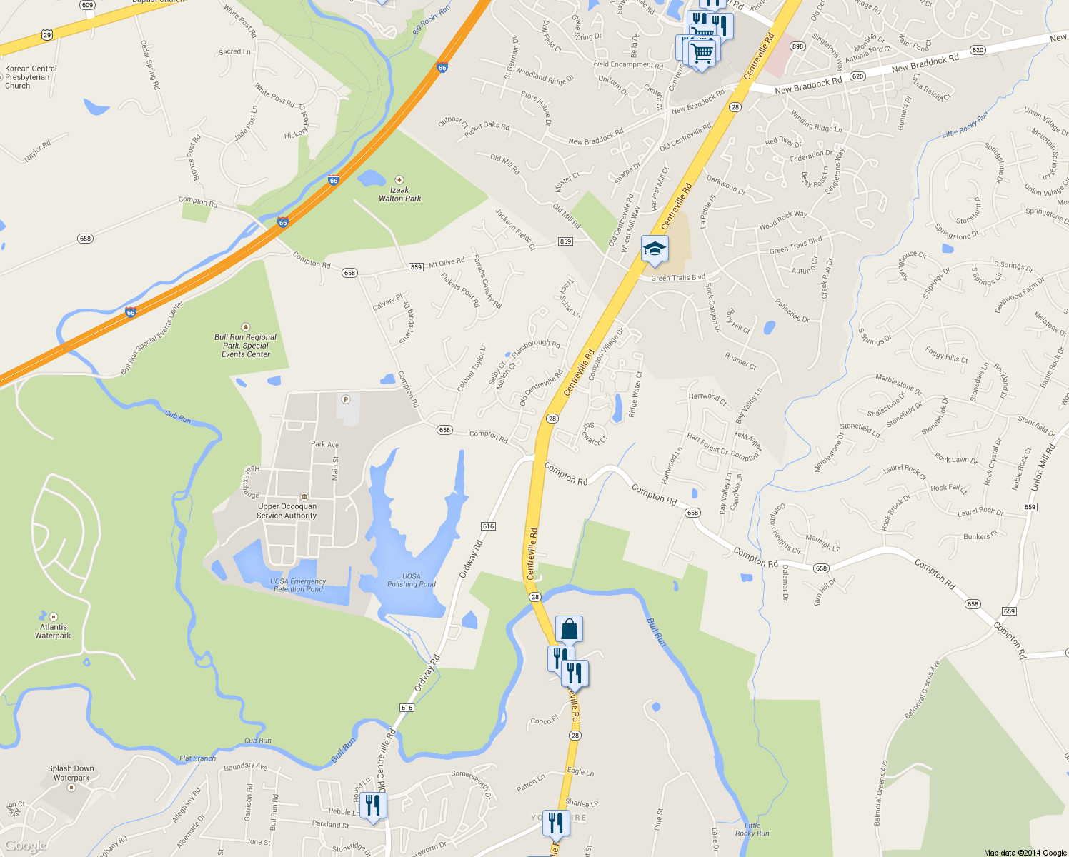 map of restaurants, bars, coffee shops, grocery stores, and more near 14527 Castleford Court in Centreville
