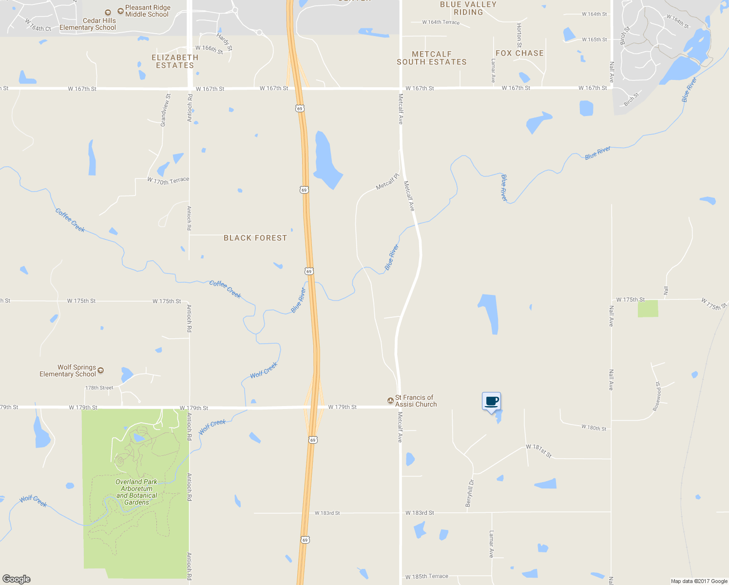 map of restaurants, bars, coffee shops, grocery stores, and more near 17500 Metcalf Place in Stilwell