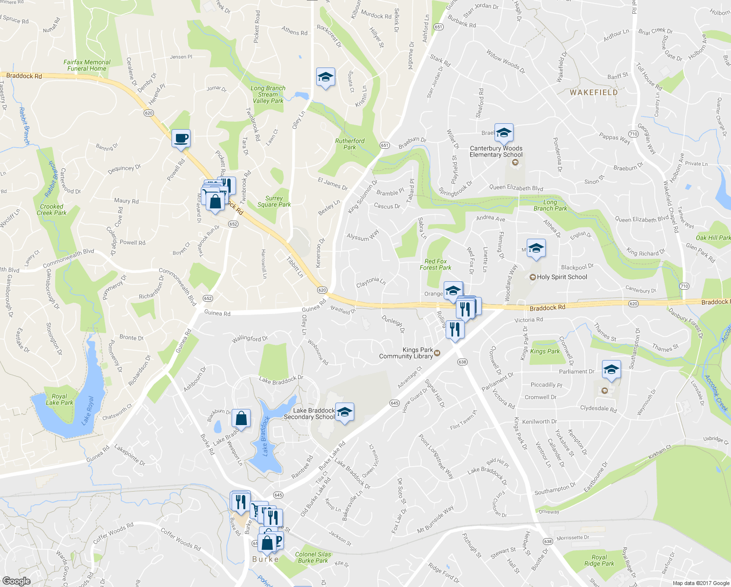 map of restaurants, bars, coffee shops, grocery stores, and more near 5104 Claytonia Court in Annandale