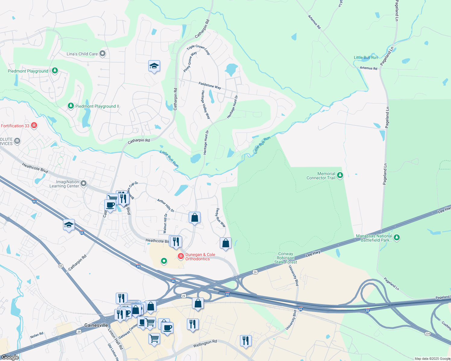 map of restaurants, bars, coffee shops, grocery stores, and more near 13526 Ryton Ridge Lane in Gainesville