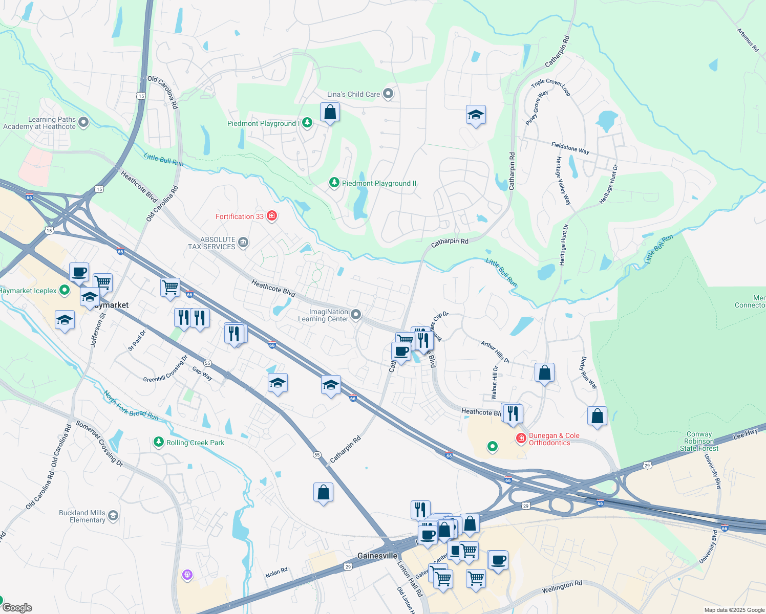 map of restaurants, bars, coffee shops, grocery stores, and more near 6728 Sutton Oaks Way in Gainesville
